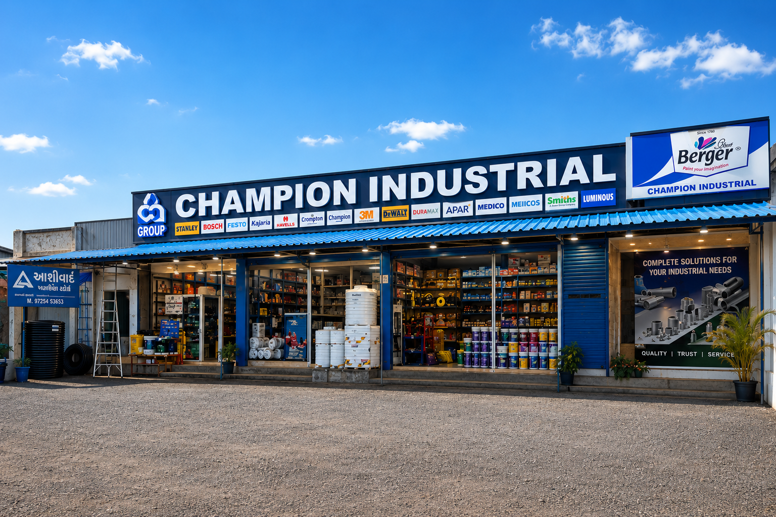 Front elevation of the Champion Industrial storefront with plumbing materials, paints, and industrial supplies on display